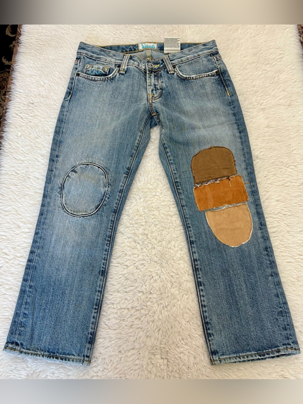 Yank Light Blue Washed with Brown Patchwork Cropped Jeans size 26
